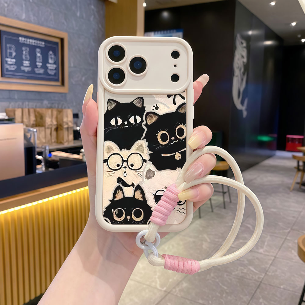 Cute Cartoon Wrist Strap Silicone Case - Schokbestendige lanyard schattige cartoon kat telefoonhoesje